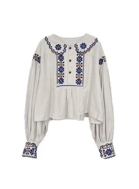 セットアップ ブラウス スカート 長袖 ボリューム袖 丸襟 ミモレ丈 ボタン 刺繍 編み込み ツーピース 送料無料 個性的 エスニック 北欧風 セットアップ ブラウス スカート 長袖 ボリューム袖 丸襟 ミモレ丈