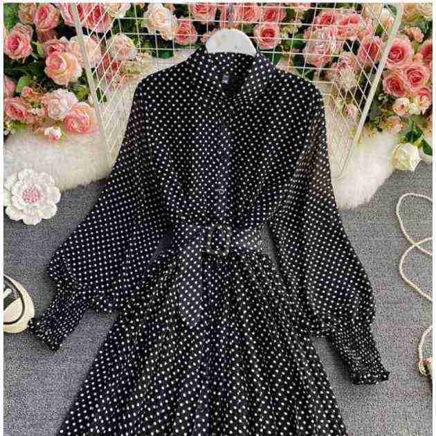 ワンピース レディース きれいめ ロングワンピース 40代 シフォンワンピース 長袖 ベルト付き 春ワンピース 水玉 Aラインワンピース 着痩せ 通勤 OL