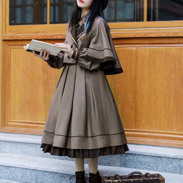 ロング ワンピース マント ケープ ネクタイ セット 制服 アイドル衣装 コスプレ レディース コスチューム 仮装 ハロウィン 探偵 スクール 文学 学園祭 文化祭 ロリータ クラシカル クラロリ エレガント Aライン Loita