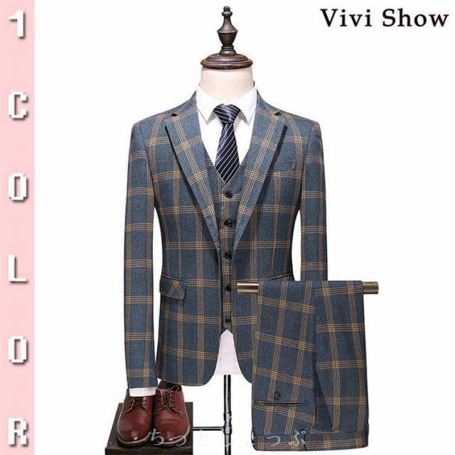 ビジネススーツ　メンズ スリーピーススーツ3ピーススーツ　３点スーツセットアップ チェック柄　スーツセット セットアップ 細身 紳士服