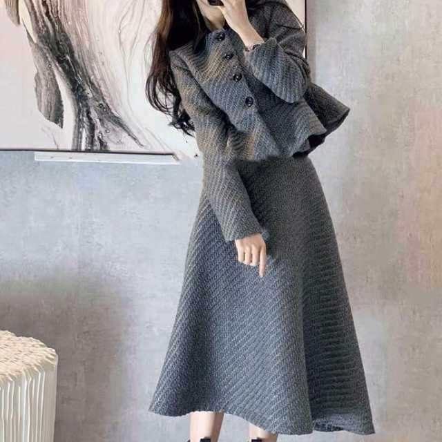 2点セット ペプラムジャケット＋ロングフレアスカート ショートアウター 面接 お食事 セットアップ レディース ツーピース ニット 長袖 2点セット ペプラムジャケット＋ロングフレアスカート ショート