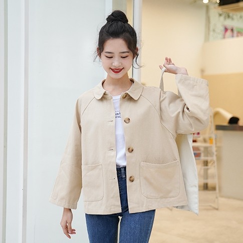 アウター レディース ジャケット ショート丈 丸襟 ステンカラークロップ丈 肩パッド 長袖 襟付き 無地 レトロ ベーシック トレンド ボタ