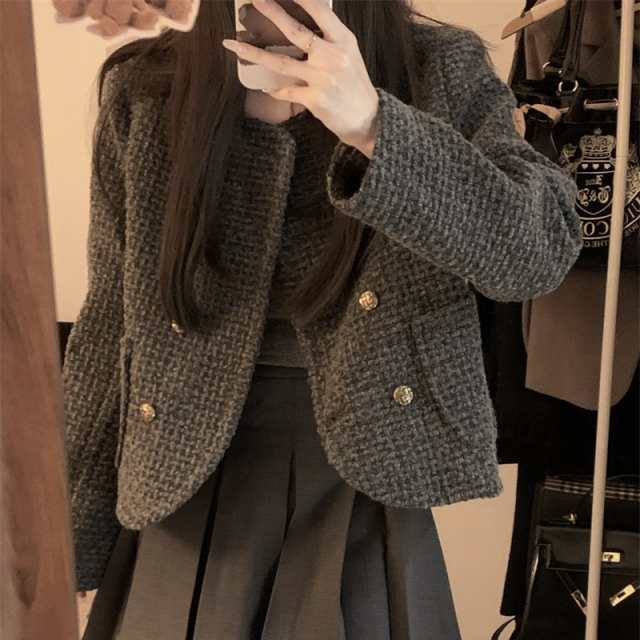 アウター レディース ジャケット ツイード チェック柄 グレー ショート丈 ウールタッチ ミディアム丈 長袖 レトロ ゆったり 大きいサイズ