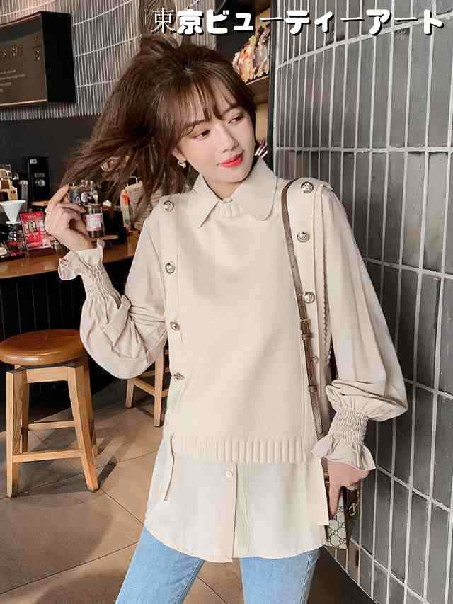 ニットベスト セット シャツブラウス レディース トップス 長袖 アンサンブルニット ニット レディース 襟付き シャツ ブラウス 通勤服