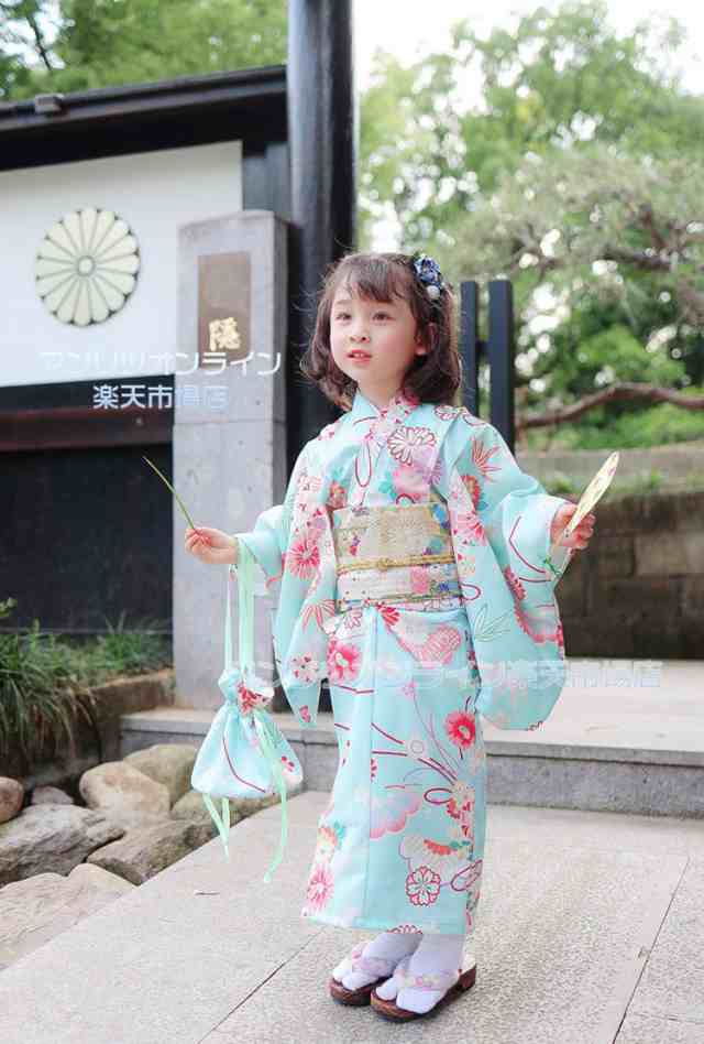 水色花柄浴衣セット（下駄、着付セット付き)150cm レディース 浴衣3点