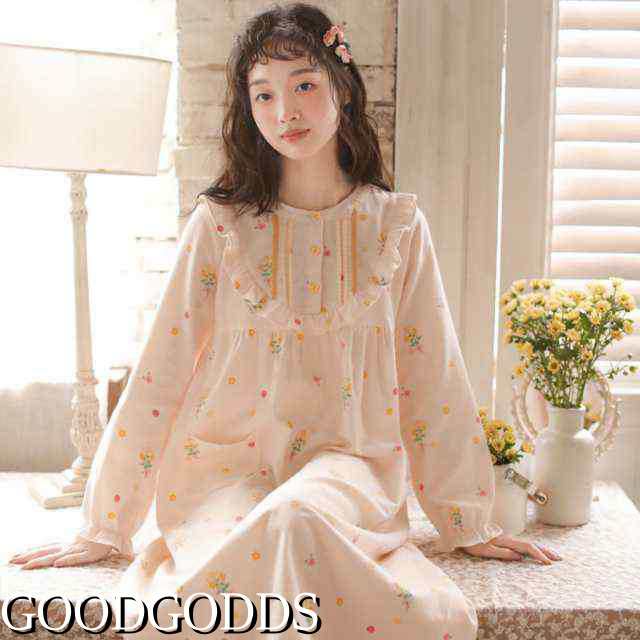 ネグリジェ ワンピース パジャマ ルームウェア 和風 ルームワンピース 綿 フリル付き 花柄 おしゃれ ゆったり ロングネグリジェ レディー