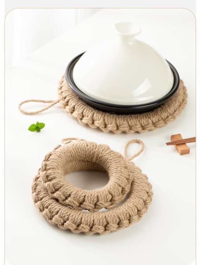 鍋敷き 自然素材 ジュート編み 1個 ナチュラルデザイン フック付 麻 リネン キッチン タジン鍋 敷き ポット ティーポット 丸型 ドーナツ 鍋敷き
