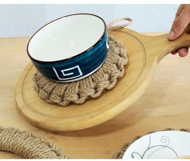 鍋敷き 自然素材 ジュート編み 1個 ナチュラルデザイン フック付 麻 リネン キッチン タジン鍋 敷き ポット ティーポット 丸型 ドーナツ 鍋敷き