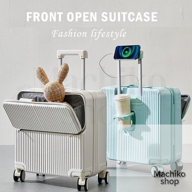 スーツケース キャリーケース フロントオープン ssサイズ 機内持ち込み 前開き かわいい 軽量 静音 多機能 キャリーケース USBポート スマホスタンド キャリーバッグ 18インチ 白 大容量 おしゃれ 旅行 海外 国内 プレゼント sign white_1