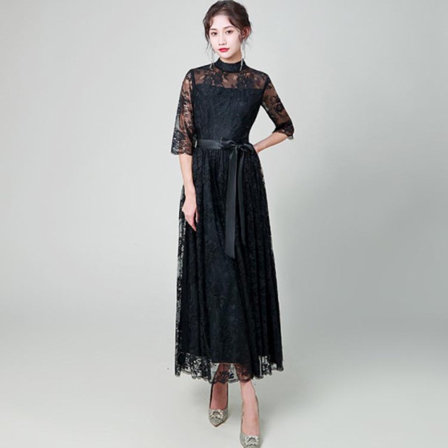 総レース パーティードレス レディース ロング丈 ハイネック フォーマル レース袖 七分袖 袖あり お呼ばれ 春夏 大きいサイズ