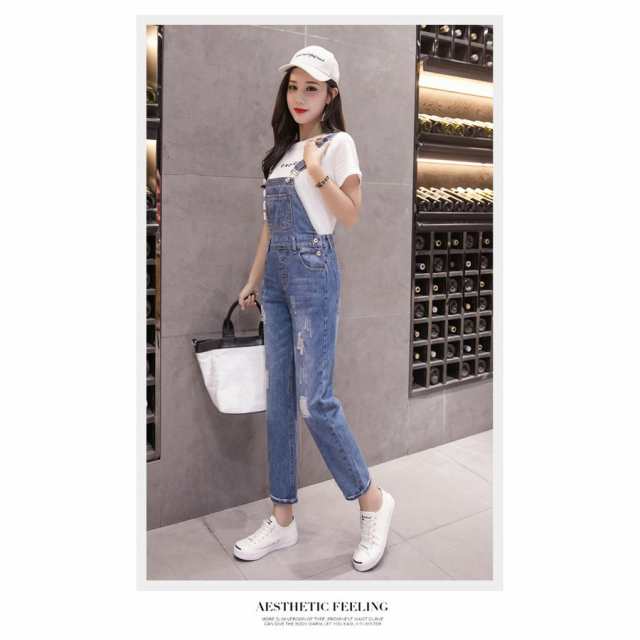 秋物オールインワンオーバーオールサロペットデニムパンツライトウォッシュダメージジーンズロールアップボトムス可愛い春秋 秋物オールインワンオーバーオールサロペットデニムパンツライト
