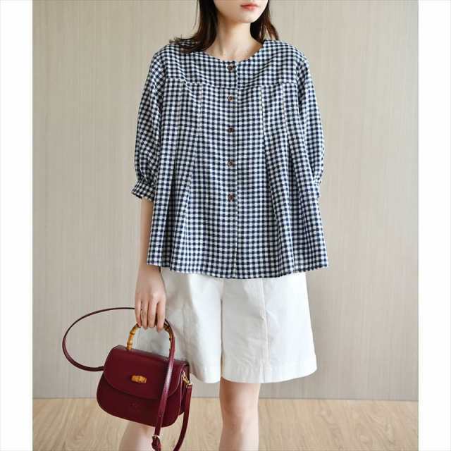 トップス ブラウス ギンガムチェック パフスリーブ 自然体 清楚 袖あり