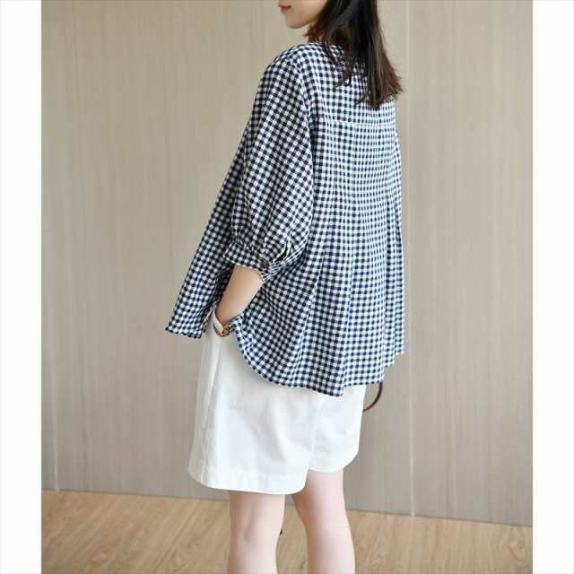 トップス ブラウス ギンガムチェック パフスリーブ 自然体 清楚 袖あり 半袖 5分袖 五分袖 ラウンドネック 襟なし 前開き 綿 薄手 コットン かわいい 可愛い きれいめ シンプル トップス ブラウス ギンガムチェック パフスリーブ 自然体 清楚 袖あり