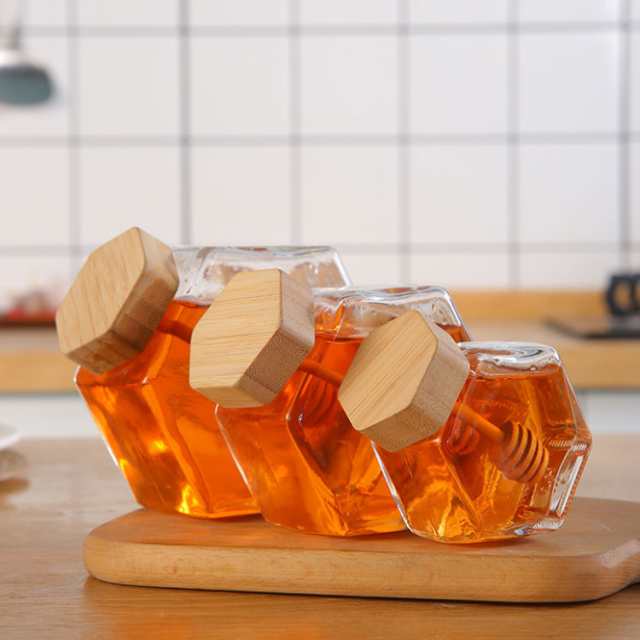 2個セット ガラス製 ハニーポット 透明 木製 蓋付き 攪拌棒付き 380ml