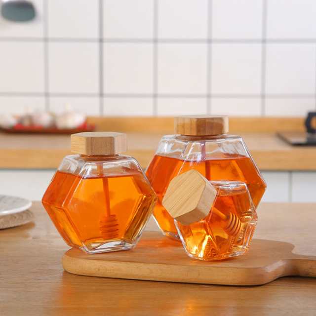 2個セット ガラス製 ハニーポット 透明 木製 蓋付き 攪拌棒付き 380ml