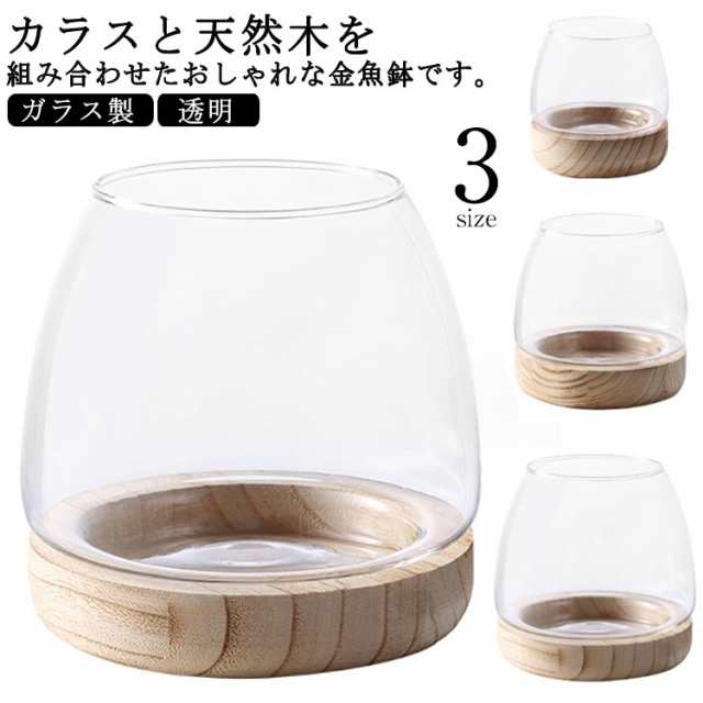 睡蓮鉢 丸 丸型 透明 ガラス製 メダカ鉢 水槽 クリア 天然木 鉢 ガラス