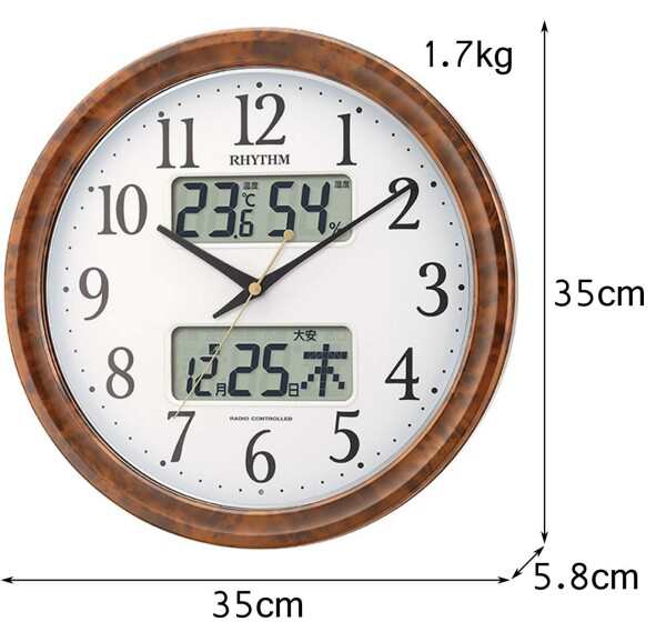 リズム(RHYTHM) 掛け時計 電波時計 アナログ ピュアカレンダーM617SR 暗所 ライト 自動 点灯 カレンダー 温度 ・ 湿度 表示 茶 (木目仕上