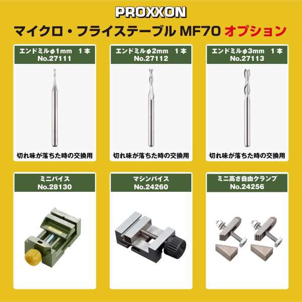 プロクソン(PROXXON)マイクロ・フライステーブルMF70エンドミル3種（1.0・2.0・3.0mm)板クランプ付属で精密加工ができます。No.27120