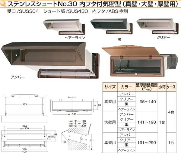 水上金属 ステンレスシュート内フタ付気密型No.30真壁用 アンバー (001-5721) 1台