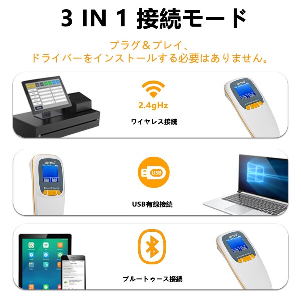 LENVII R777 バーコードスキャナー 1次元 2次元 バーコードリーダー USB有線/無線 2.4G Bluetooth ワイヤレス qrコードリーダー 図書館 店舗 物流 倉庫などに適用（白）