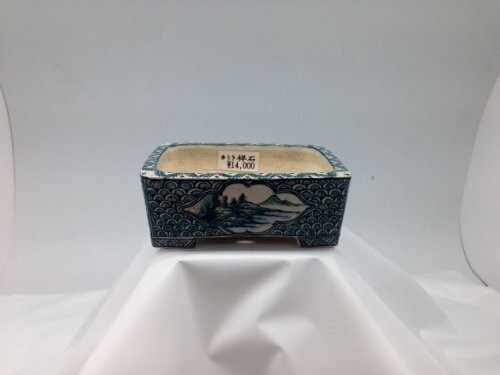I0012 ゆうき祥石小品盆栽用絵付け鉢 五彩山水図窓絵長方鉢 W94xH44xD118の通販は