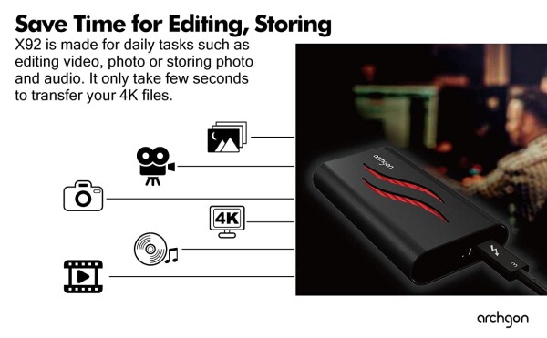 Archgon Thunderbolt 3 2TB 外付け M.2 NVMe PCIe Gen3×4 SSD アルミニウム筐体 ポータブル 熱伝導シート付属 最大読み書き速度 3400MBs/3000MBs 型番X92 (2TB, ブラック)