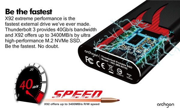 Archgon Thunderbolt 3 2TB 外付け M.2 NVMe PCIe Gen3×4 SSD アルミニウム筐体 ポータブル 熱伝導シート付属 最大読み書き速度 3400MBs/3000MBs 型番X92 (2TB, ブラック)