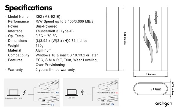 Archgon Thunderbolt 3 2TB 外付け M.2 NVMe PCIe Gen3×4 SSD アルミニウム筐体 ポータブル 熱伝導シート付属 最大読み書き速度 3400MBs/3000MBs 型番X92 (2TB, ブラック)