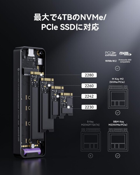 DOCKCASE M.2 NVMe SSDケース USB 3.2 Gen 2 Type-C (10 Gbps) IPS液晶ディスプレイと10秒 電源保護(PLP) 2230/2242/2260/2280サイズのNVMe PCIeに対応するハードディスクケース クリア設計 (Black)