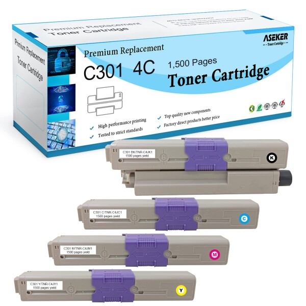 ASEKER OKI用 TNR-C4K TNR-C4JK1 TNR-C4JC1 TNR-C4JM1 TNR-C4JY1 互換 トナーカートリッジ(4色セット) 標準容量1500ページ 対応機種C301 C301dn カラーレーザプリンタ（4パック ブラック シアン マゼンタ イエ