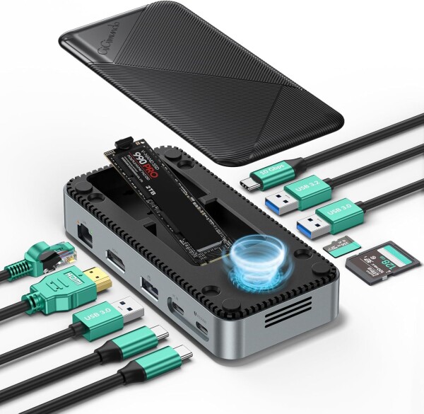 GiGimundo 10-in-1 M.2 SSD 外付けケース 10Gbps M.2 NVMe SSDエンクロージャー付きUSB Cハブ 内蔵ファン ドッキングステーション 高速データ伝送 M.2 NVMe/SATA SSDリーダー 4K@60Hz HDMI SD/TF PD 100W急速充電 Win