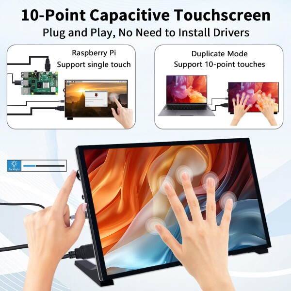 GeeekPi 10.1インチ 静電容量式タッチスクリーンモニター、Raspberry Pi用、1024x600 IPS LCDディスプレイ、デュアルスピーカー付き、HDMIポータブルモニター、Raspberry Pi 5/Pi 4B/3B+/3B/B+/Zero/400、Win11/1