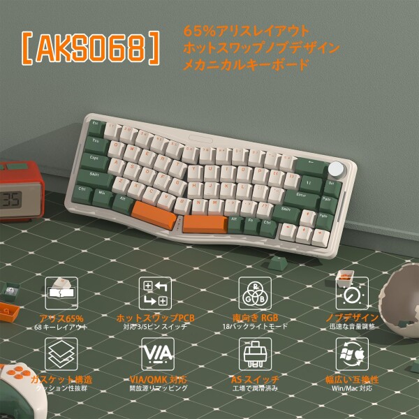 AKS068 ゲーミングキーボード アリスレイアウト 68キーアンチゴーストキー Gasket構造 ホットスワップ可能 人間工学 南向きのRGBバックライト 両側RGBライトPBTキーキャップ Type-C有線 Windows Vi