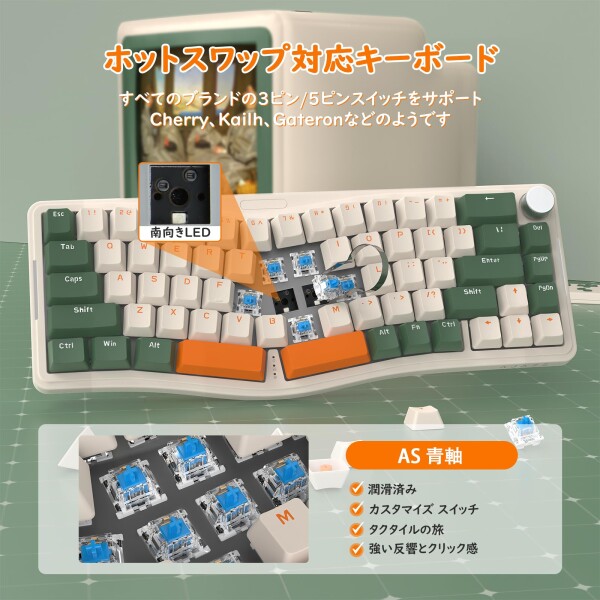 AKS068 ゲーミングキーボード アリスレイアウト 68キーアンチゴーストキー Gasket構造 ホットスワップ可能 人間工学 南向きのRGBバックライト 両側RGBライトPBTキーキャップ Type-C有線 Windows Vi