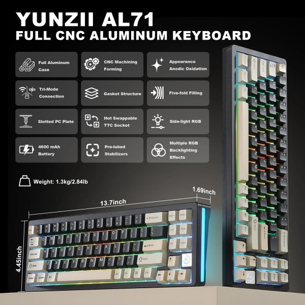 YUNZII AL71 68% ゲーミングキーボード フルアルミCNC ホットスワップ