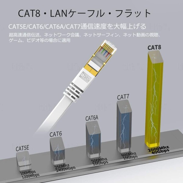 30m Veetop LANケーブル フラット CAT8 二重シールド 企業用 工業用 防水 屋外 難燃性 耐候性 有線らんけーぶる 鍍金コネクタ RJ45 爪折れ防止 超高速 40Gbps 2000MHz 26AWG パソコン ルーター PS4 PS5 Xb_1