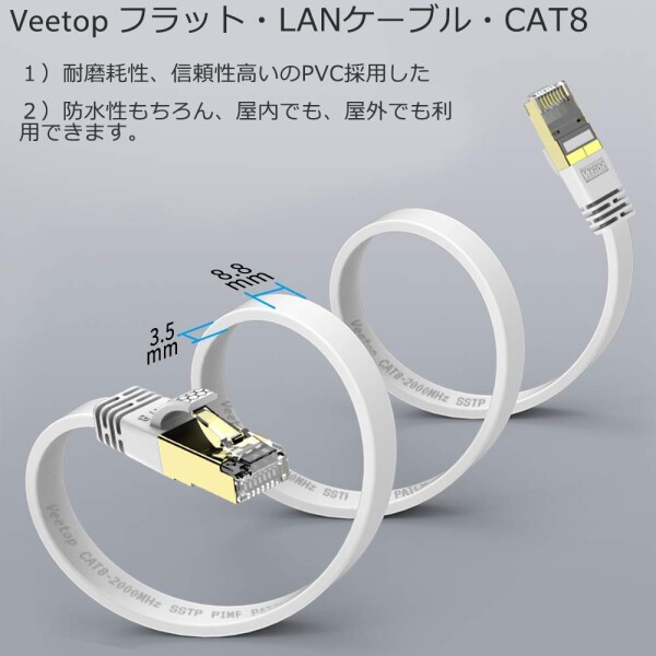 30m Veetop LANケーブル フラット CAT8 二重シールド 企業用 工業用 防水 屋外 難燃性 耐候性 有線らんけーぶる 鍍金コネクタ RJ45 爪折れ防止 超高速 40Gbps 2000MHz 26AWG パソコン ルーター PS4 PS5 Xb_2