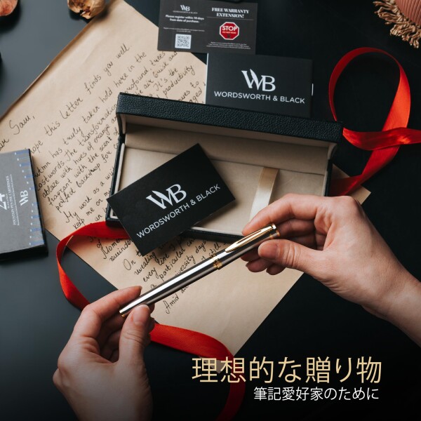 ワーズワース & ブラック 万年筆セット 中字 インクカートリッジ6本とインク詰め替えコンバーター付き ギフトケース ジャーナリング カリグラフィー 滑らかな書き心地のペン (銀金) 男_2