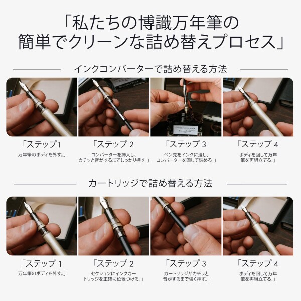 ワーズワース & ブラック 万年筆セット 中字 インクカートリッジ6本とインク詰め替えコンバーター付き ギフトケース ジャーナリング カリグラフィー 滑らかな書き心地のペン (銀金) 男_8