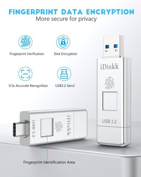 iDiskk 指紋認証 USBメモリ・フラッシュドライブ 256GB USB3.2 Gen2 フラッシュメモリー 読取り速度450MB/s ハイスピードOTG外付けUSBディスク スマートフォン外部ストレージ 高速データ転送 USB C_1