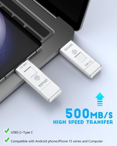 iDiskk 指紋認証 USBメモリ・フラッシュドライブ 256GB USB3.2 Gen2 フラッシュメモリー 読取り速度450MB/s ハイスピードOTG外付けUSBディスク スマートフォン外部ストレージ 高速データ転送 USB C_3
