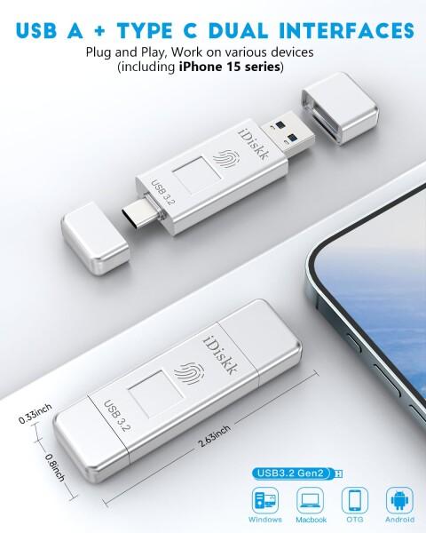 iDiskk 指紋認証 USBメモリ・フラッシュドライブ 256GB USB3.2 Gen2 フラッシュメモリー 読取り速度450MB/s ハイスピードOTG外付けUSBディスク スマートフォン外部ストレージ 高速データ転送 USB C_5