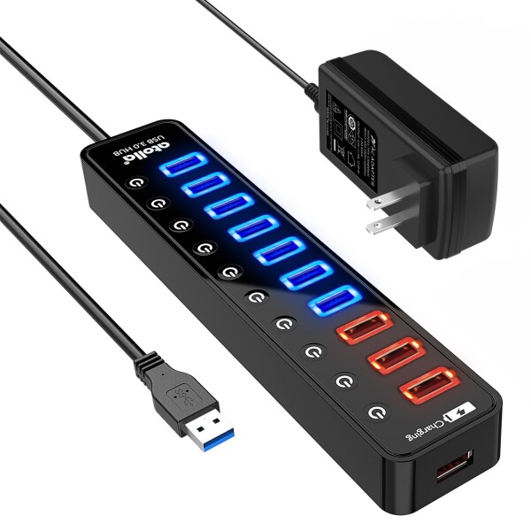 USB3.0ハブ 電源付き, atolla 7ポート5Gbps高速 USBハブ3.0 の 拡張+ 4充電ポート USB Hub 独立スイッチ付 12V/4A 48W電源付き