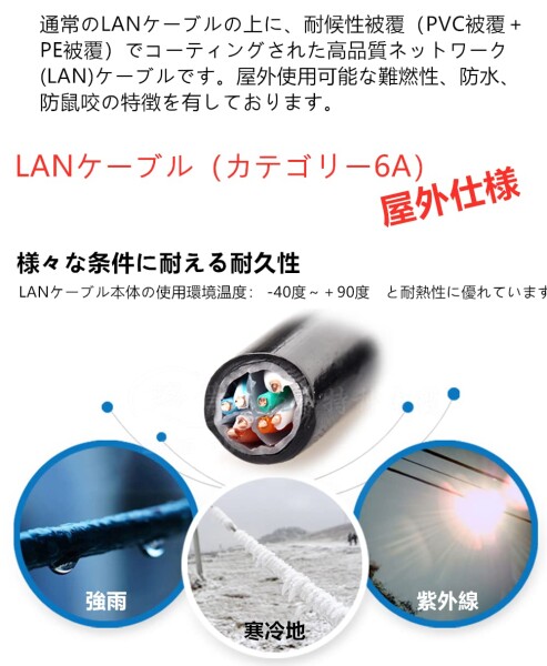 120M CAT6A 屋外 LANケーブル 屋外仕様 2重被覆 PoE対応 カテゴリー6A 屋外用 コネクタ付 インターネットケーブル 紫外線 難燃性 耐候性 高耐久 ケーブルクリップ付属 LAN配線 アウトドア 十字_5