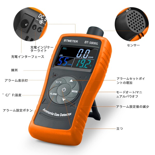BTMETER BT-5800Gアンモニアガス検出器センサー、温度 湿度テスターを備えた0〜100 ppm NH3モニターゲージのテスト測定 農場 農業 肥育場に適しています -日本語マニュアル
