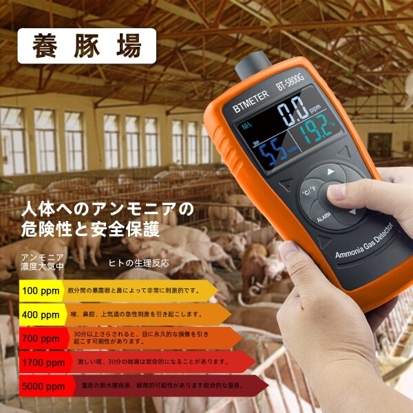 BTMETER BT-5800Gアンモニアガス検出器センサー、温度 湿度テスターを備えた0〜100 ppm NH3モニターゲージのテスト測定 農場 農業 肥育場に適しています -日本語マニュアル