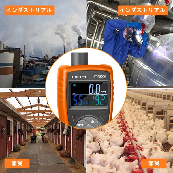 BTMETER BT-5800Gアンモニアガス検出器センサー、温度 湿度テスターを備えた0〜100 ppm NH3モニターゲージのテスト測定 農場 農業 肥育場に適しています -日本語マニュアル