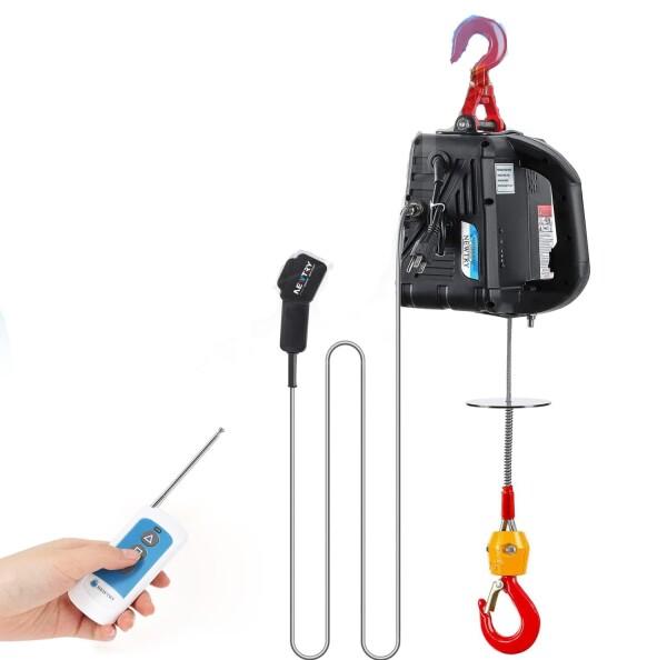 NEWTRY 電動ウインチ 電動ホイスト 小型クレーン 巻き上げ機 吊り上げ能力100kg 1500W ワイヤレスリモコン制御+ワイヤ制御+手動制御 業務用 家庭用 110V (リフト高さ25m)の通販は 32,663円