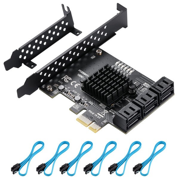 YBBOTT PCIE SATA 6 Gbit/s PCIE拡張カード、6ポートPCIE 1X SATAカード、SATAコントローラ、PCI-E 3.0 GEN3 ASM1166チップセット - 6 SATAケーブルおよびフラットブラケット付きの通販は 7,681円