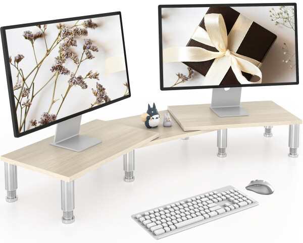 AX WABER Dual Monitor Stand Riser, Monitor Stand with Adjustable Length and Angle, Wood Monitor Stand for Desk, Monitor Riser for 2 Monitors with Storage Spaceの通販は